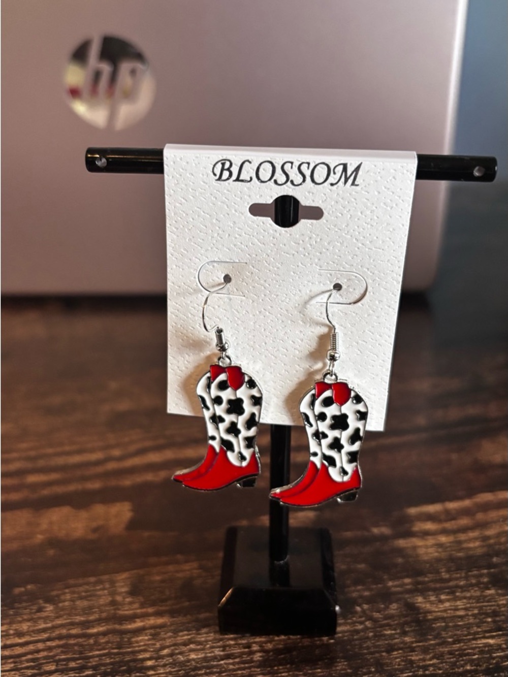 BLOSSOM Red & Black Cowprint Cowboy Boot Earrings - Picture 2 of 2